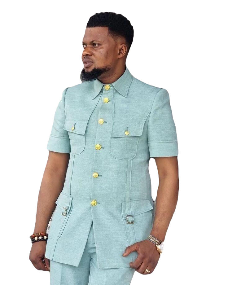Mint Green Safari Suit for Men Vintage Stylish Coat pant Classic Formal Suit.