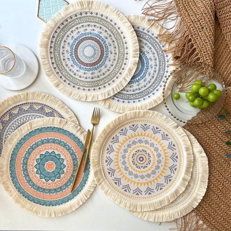 3pcs Boho Round Placemat Cotton Woven Macrame Tassels Table Mats Home Decor