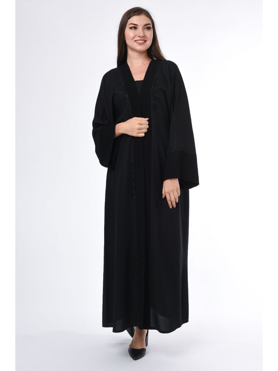 MOiSTREET Black Abaya with Velvet Panels and Hand Embroidery