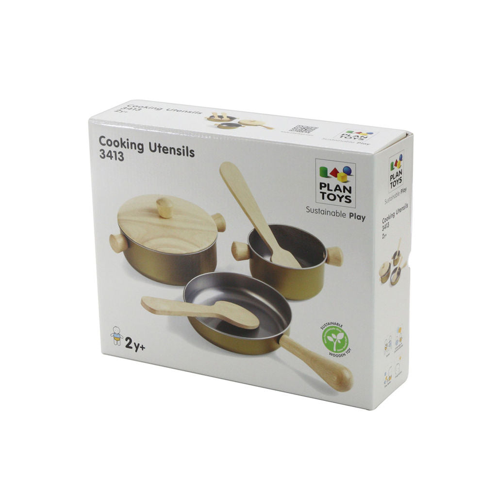 PlanToys Cooking Utensil Set — Wooden Kitchen Tools
