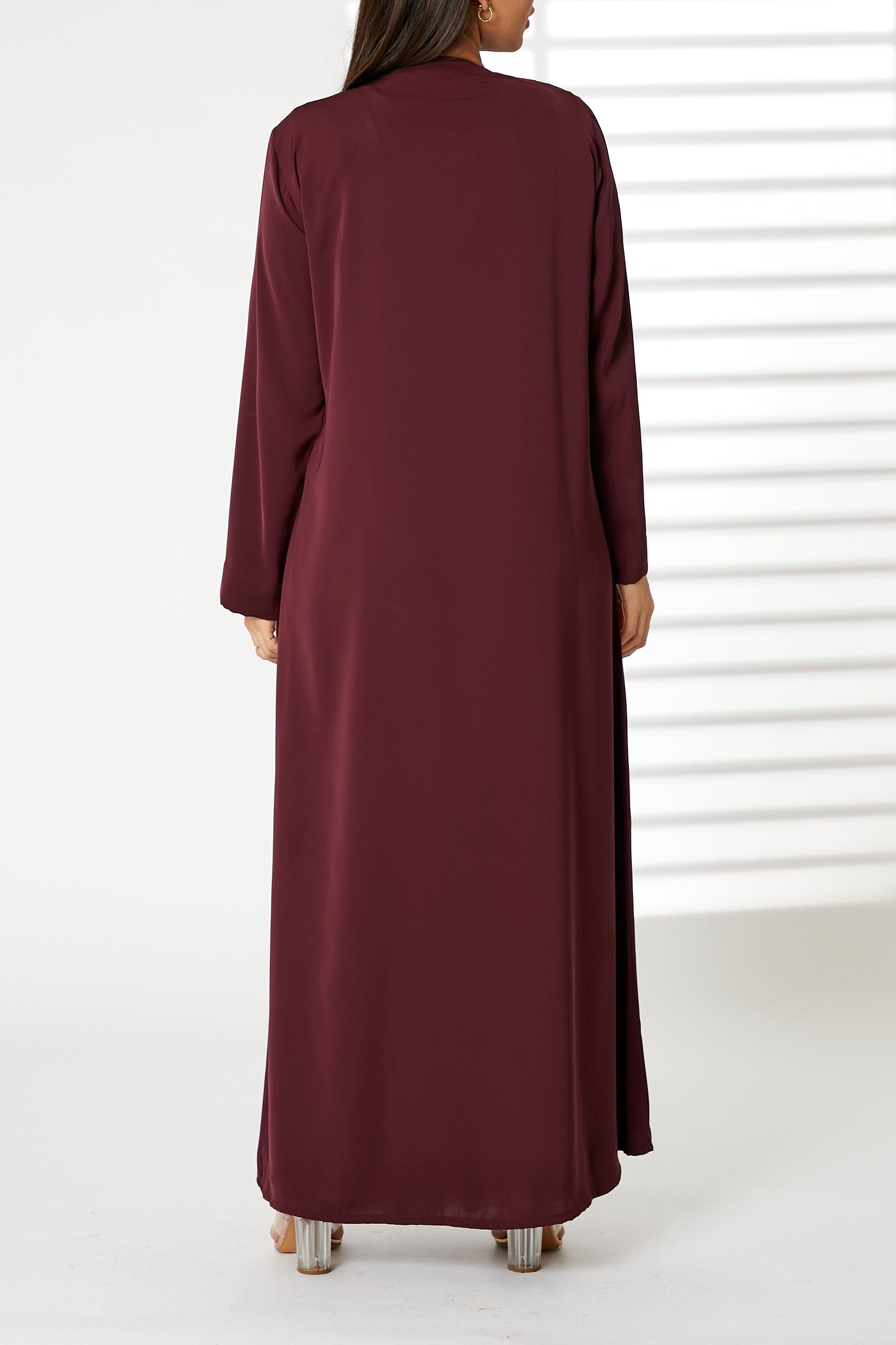 MOiSTREET Maroon Nida Embroidered Open Abaya