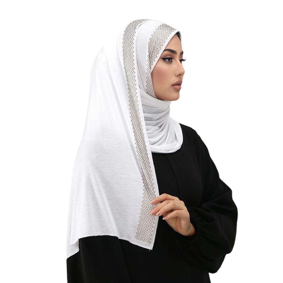 White Cotton Rhinestone Hijab Scarf for Women Long Shawl