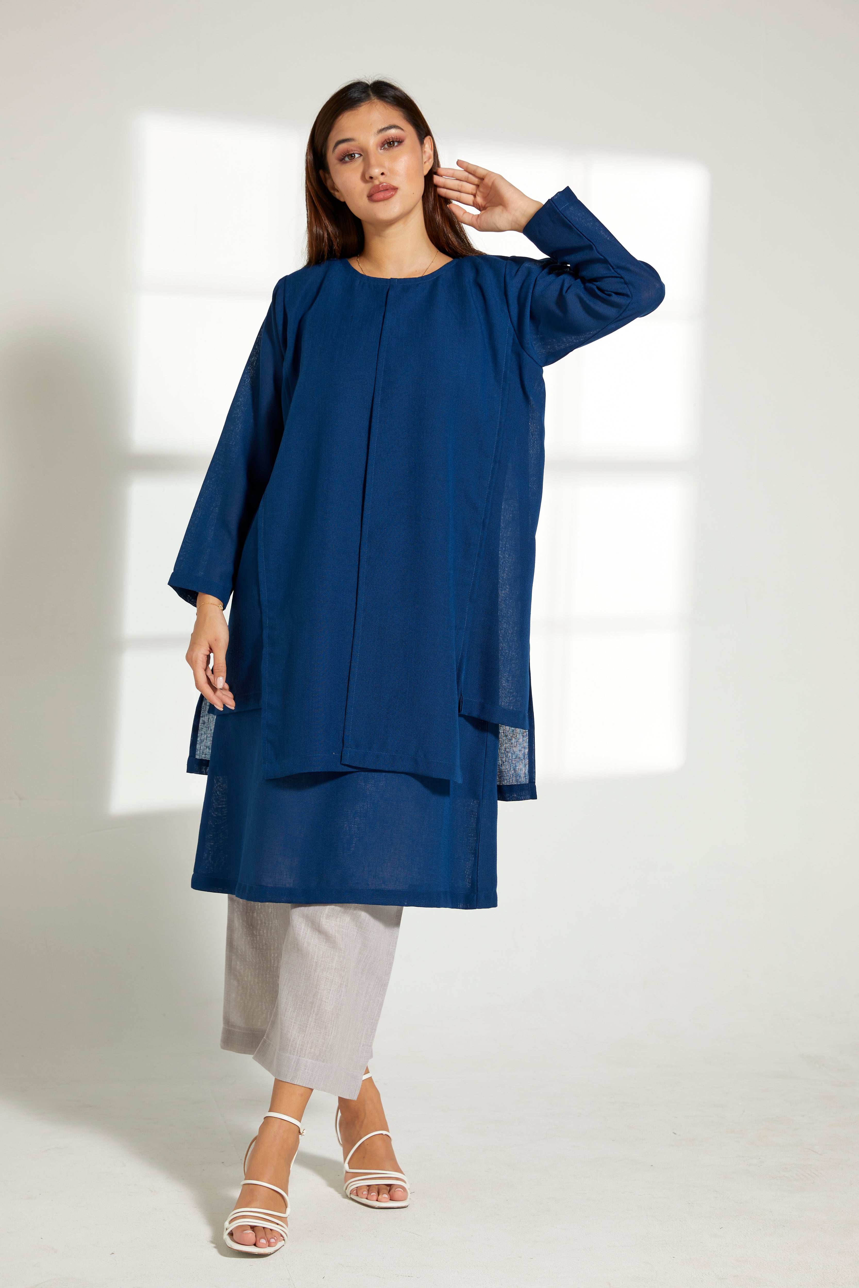 MOiSTREET Blue Linen Top and Grey Pants Set