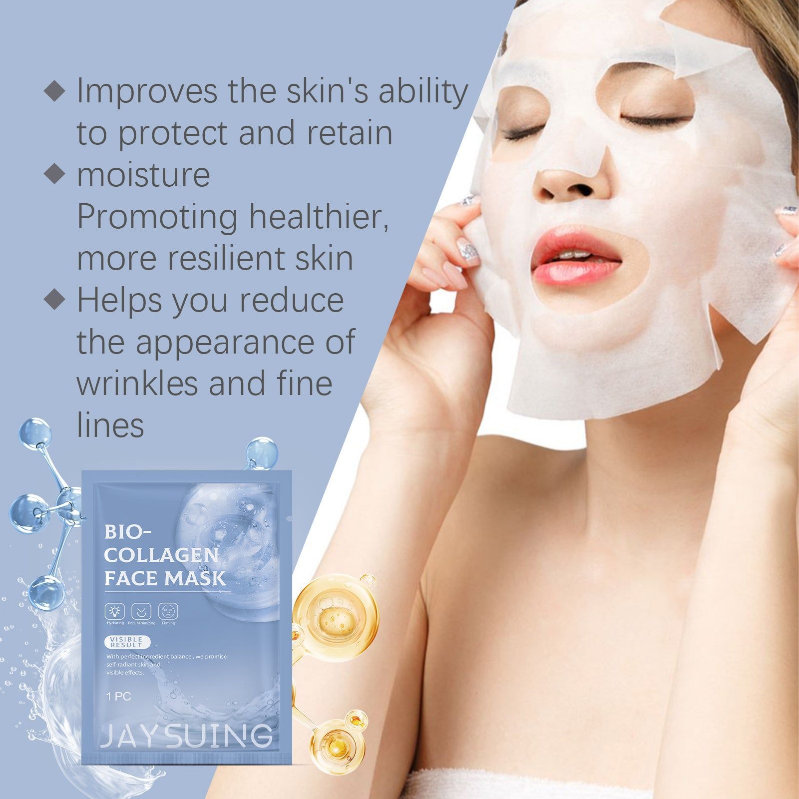 Collagen Facial Mask Replenish Water, Hydrate, Brighten, Tighten Skin ,4 pieces