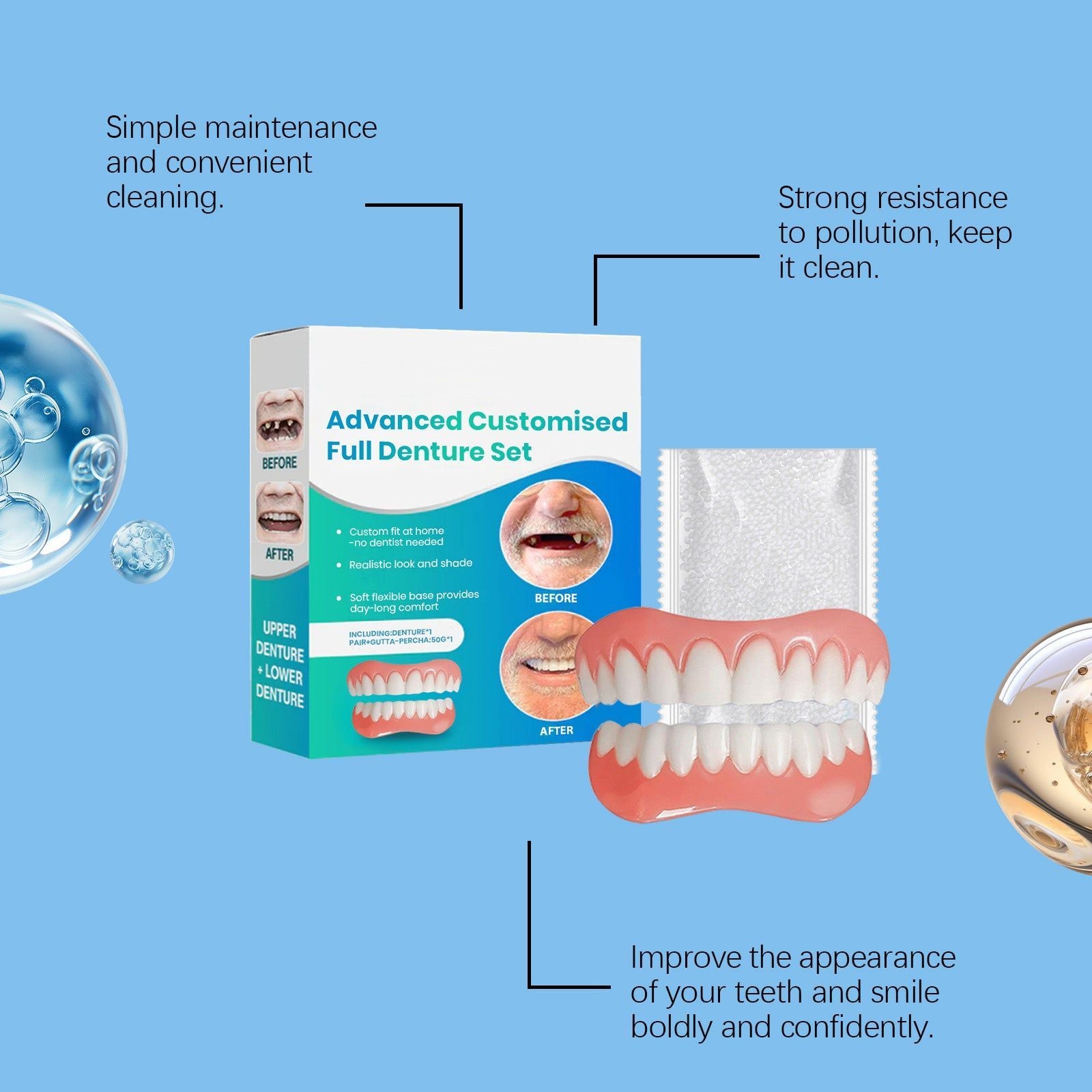 Upgrade Your Smile with Natural Material Dentures, Comfortable, Easy Fit ,1 set