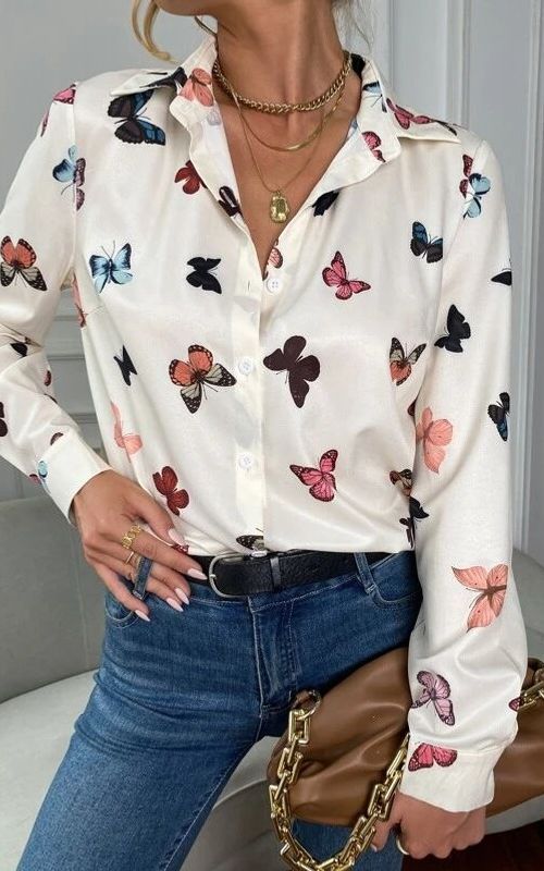 Women's Butterfly Print Digital Print Long-Sleeve Shirt