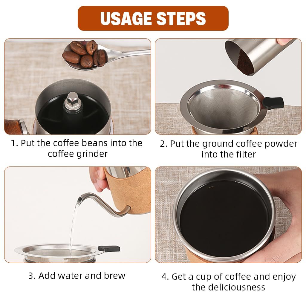 4Pcs Pour Over Coffee Gift Set Classic Stainless Steel Pour Over Coffee Kit Camping Coffee Brewing Kit