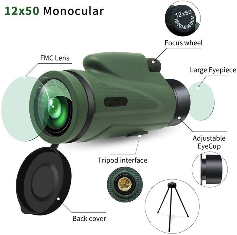 Monocular Scope Telescope Low Light Night Vision With Quick Smartphone Holder 12X50 HD
