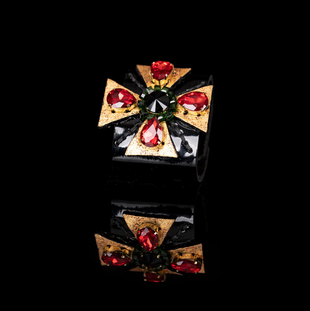 The Dark Black Leather Crystal Star Cuff Bracelet with Red Stones