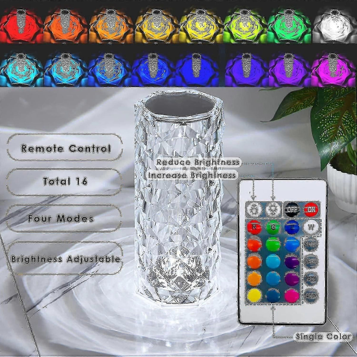 Crystal Diamond Table Lamp, 16 Colors Usb Charging Touch Lamp Bedside Night Light With Remote Control