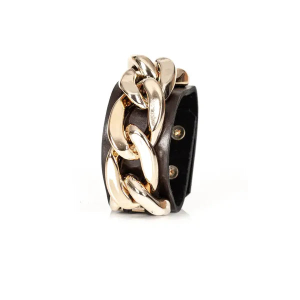 The Dark Brown Leather Chain Cuff Bracelet with Oversized Gold Links Handmade Statement Bracelet