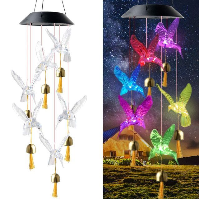 Outdoor Hummingbird Solar Wind Chimes Colorful Windbell Lamp Bell For Garden