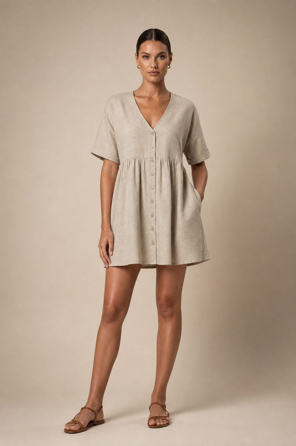 Urban Outfitters Natural Linen Button-Front Babydoll Dress