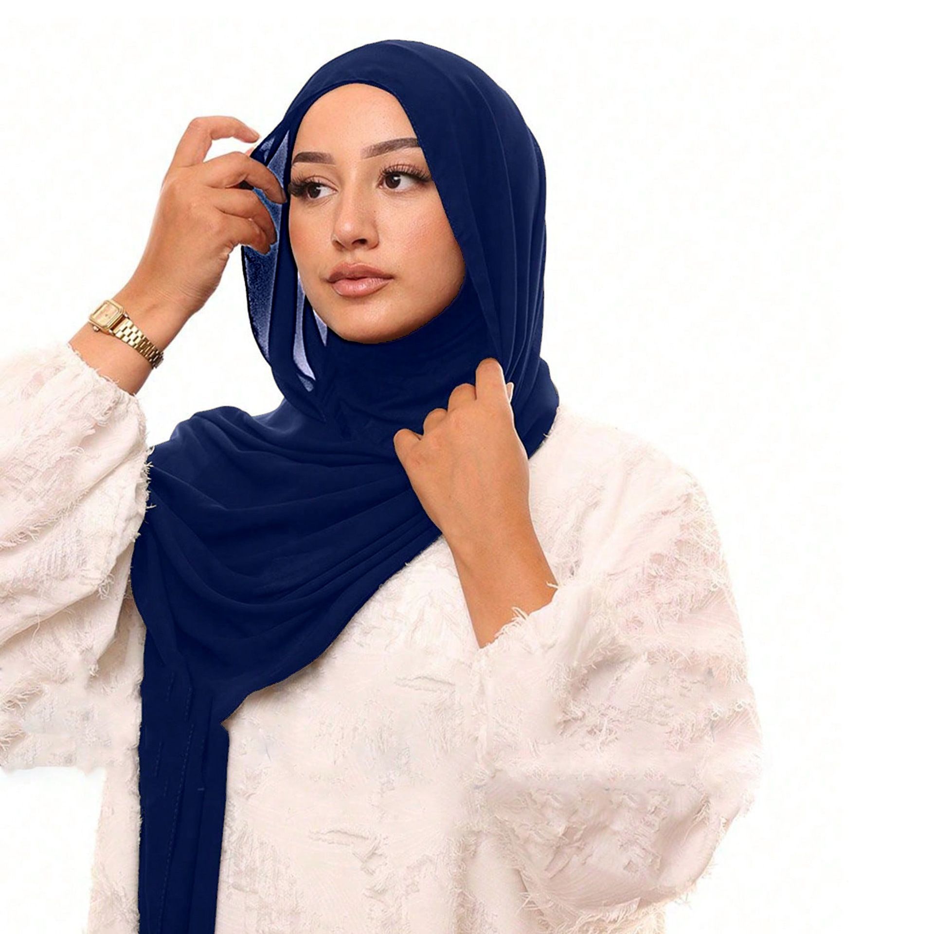 Navy Chiffon Hijab Scarf Set with Pearl Inner Cap