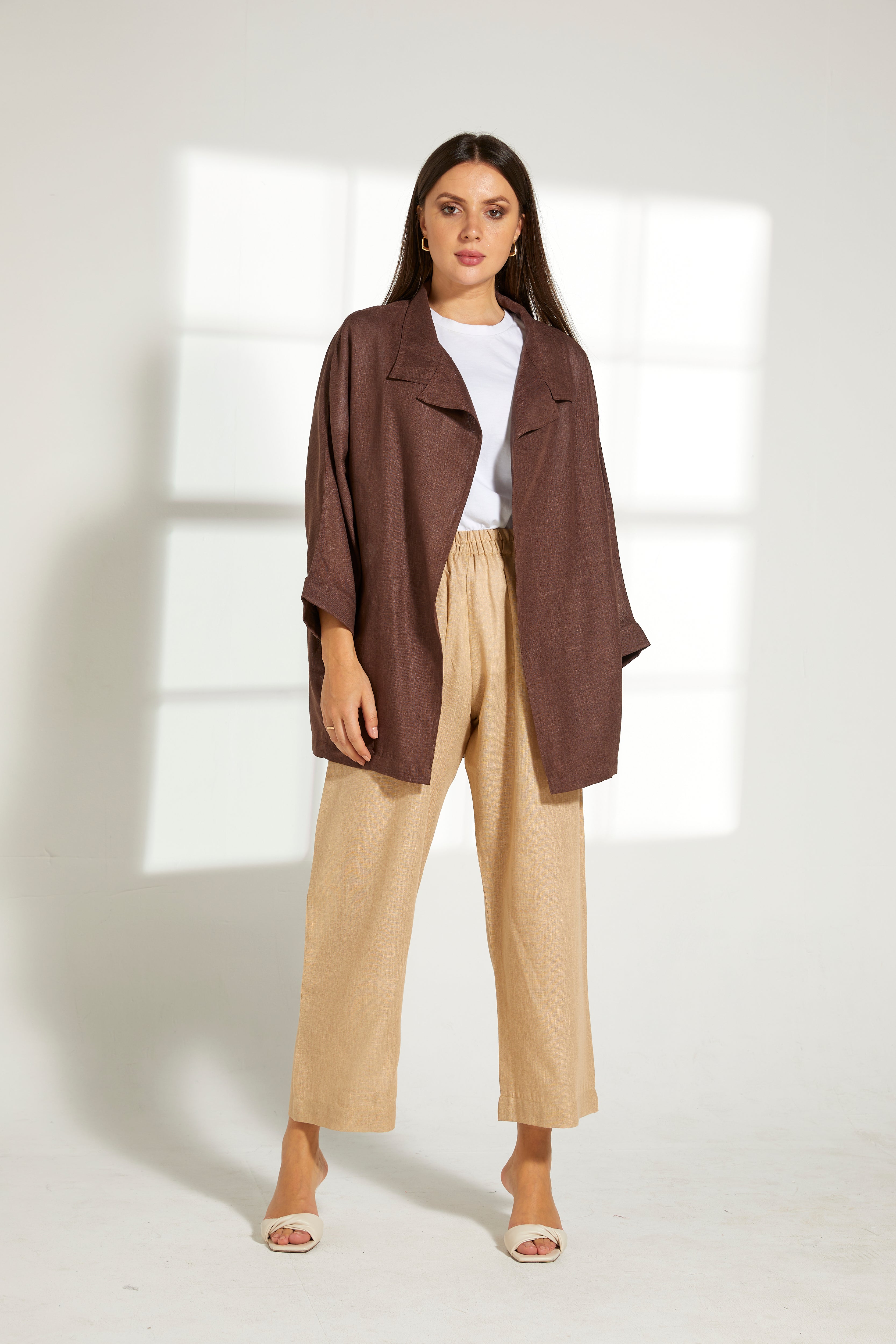 MOiSTREET Brown  Linen Top and Beige Pants Set
