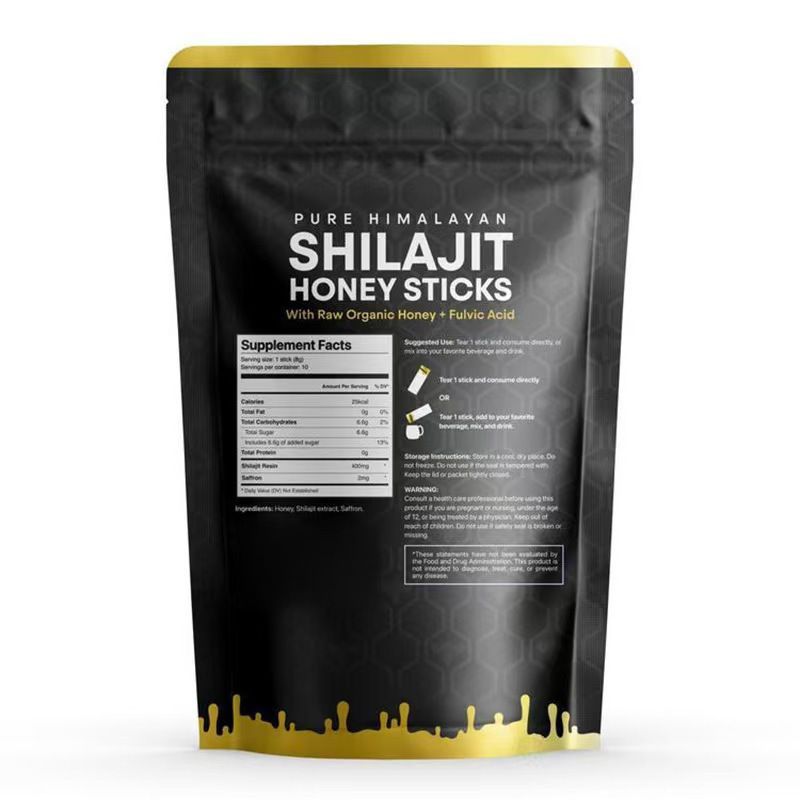 Pure Himalayan Shilajit Honey Sticks, 10 Sticks Per Pouch, Dietary Supplement with Raw Organic Honey & Fulvic Acid