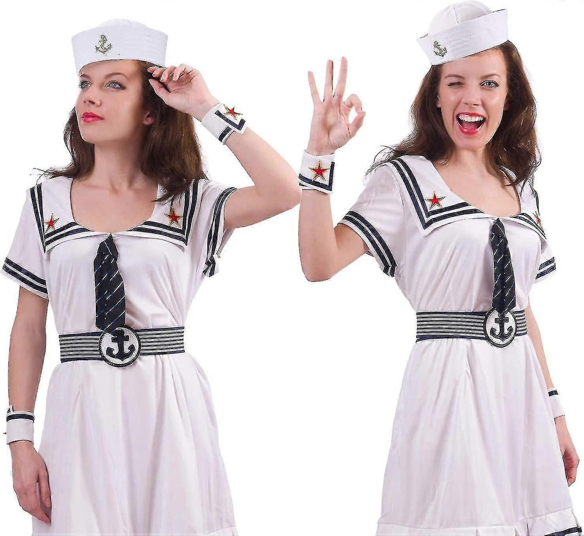 12 Pack White Sailor Hat Set With Gold Embroidery for Costume Parties