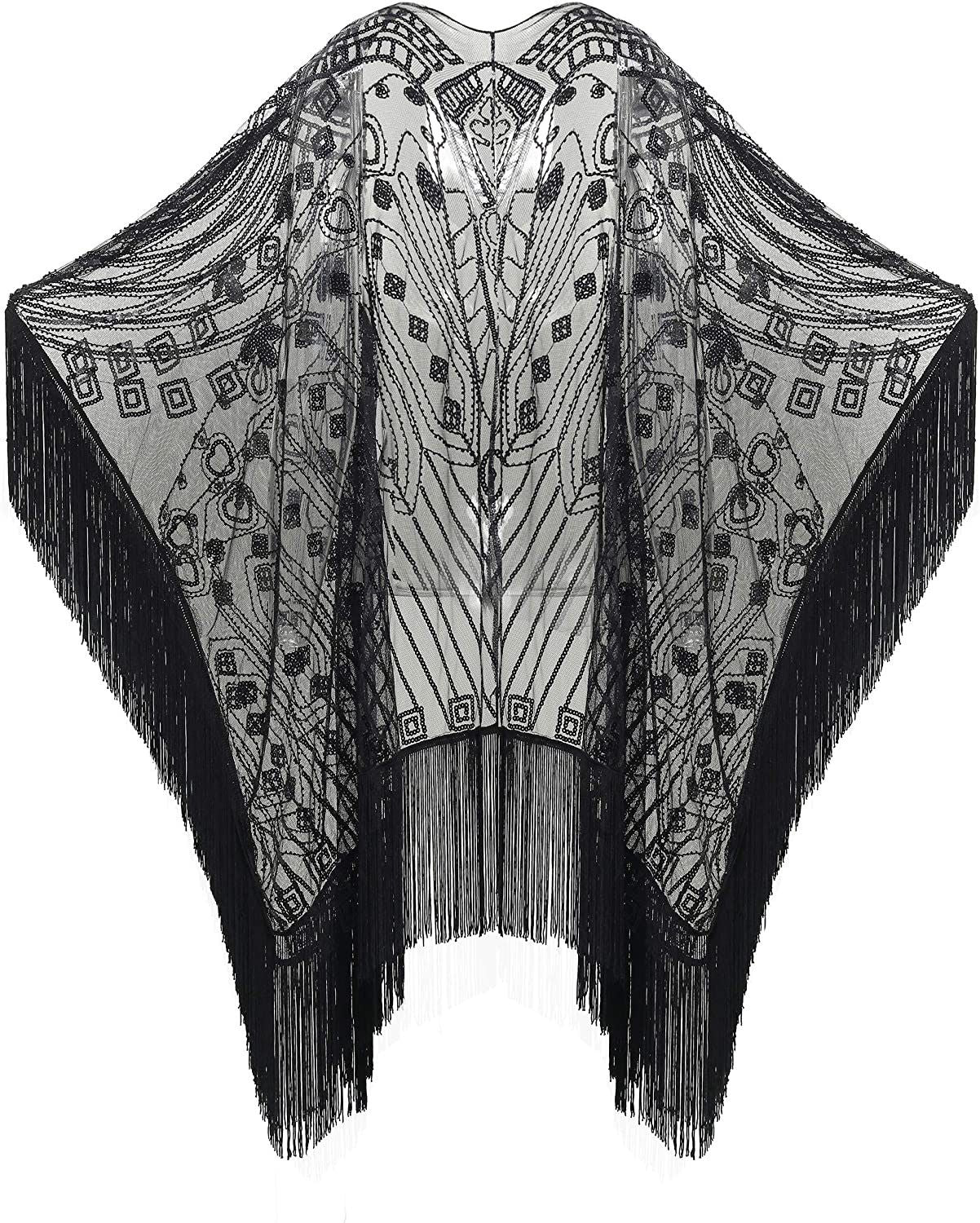 1920s Black Beaded Fringe Shawl Vintage Flapper Wrap