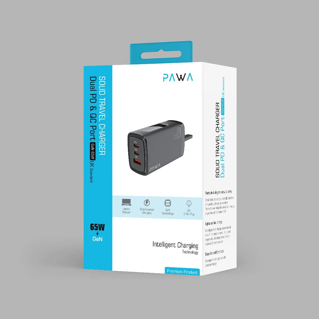 Pawa Solid Travel Charger Dual PD & QC Port GaN 65W UK Standard, Black