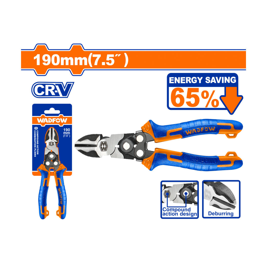 WADFOW 7.5" Compound Action Diagonal Cutting Pliers, Cr-V, Deburring Function, Comfort Grip
