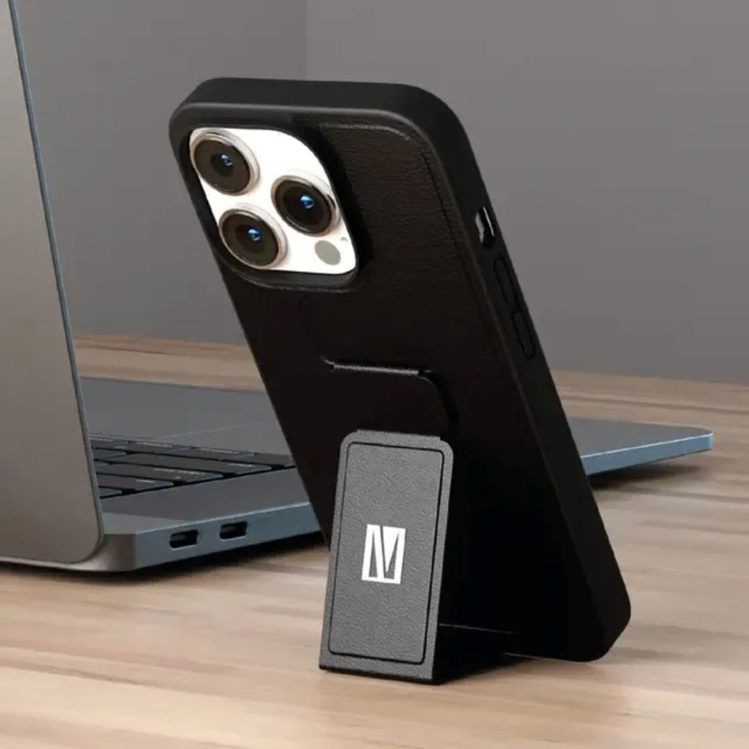 Levelo Morphix Gripstand PU Leather Case For iPhone 14 Pro, Black