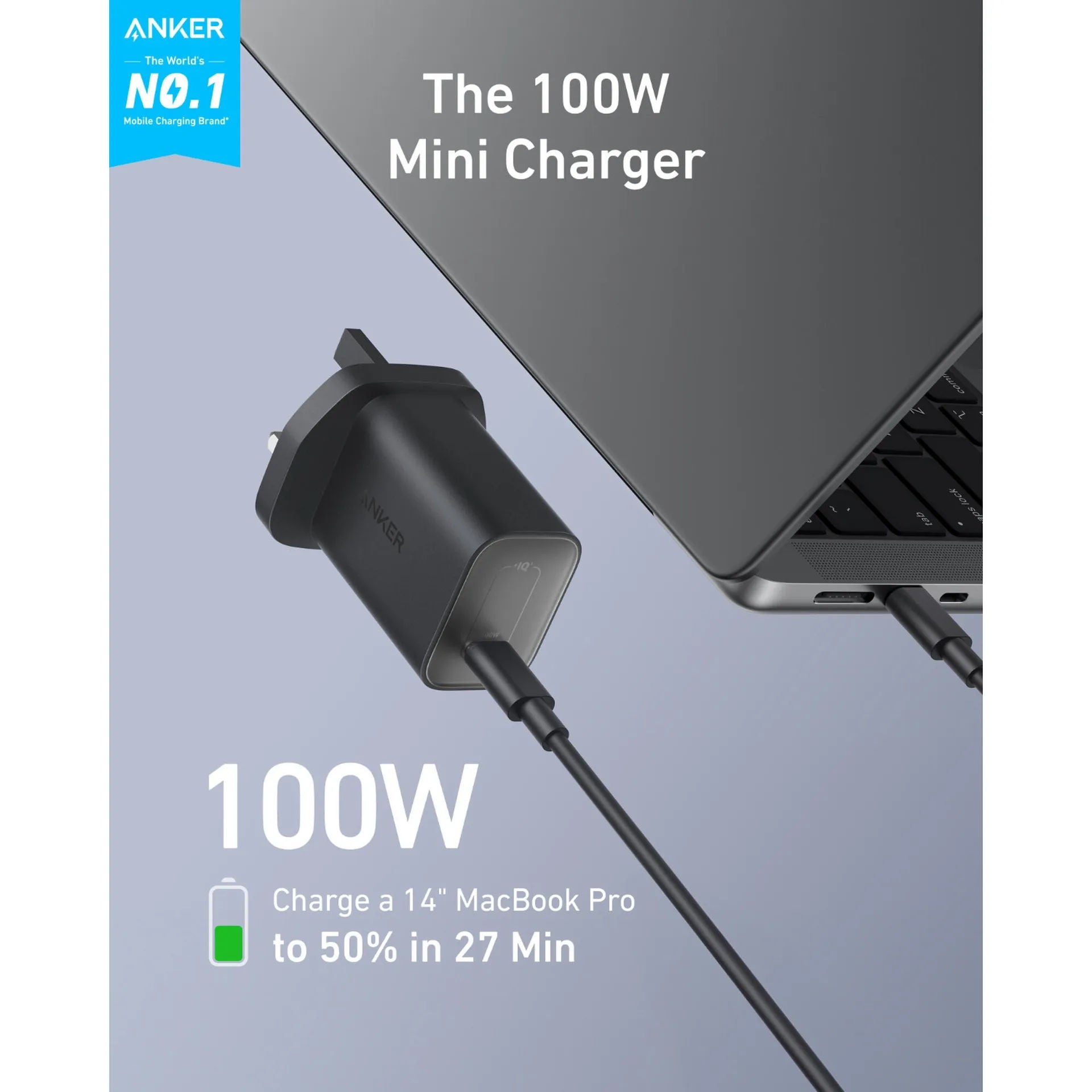 شاحن Anker Nano بقوة 100 واط مع كابل USB-C بطول 6 أقدام، وشحن سريع عبر PD، ومقبس بريطاني صغير الحجم، B2679K11