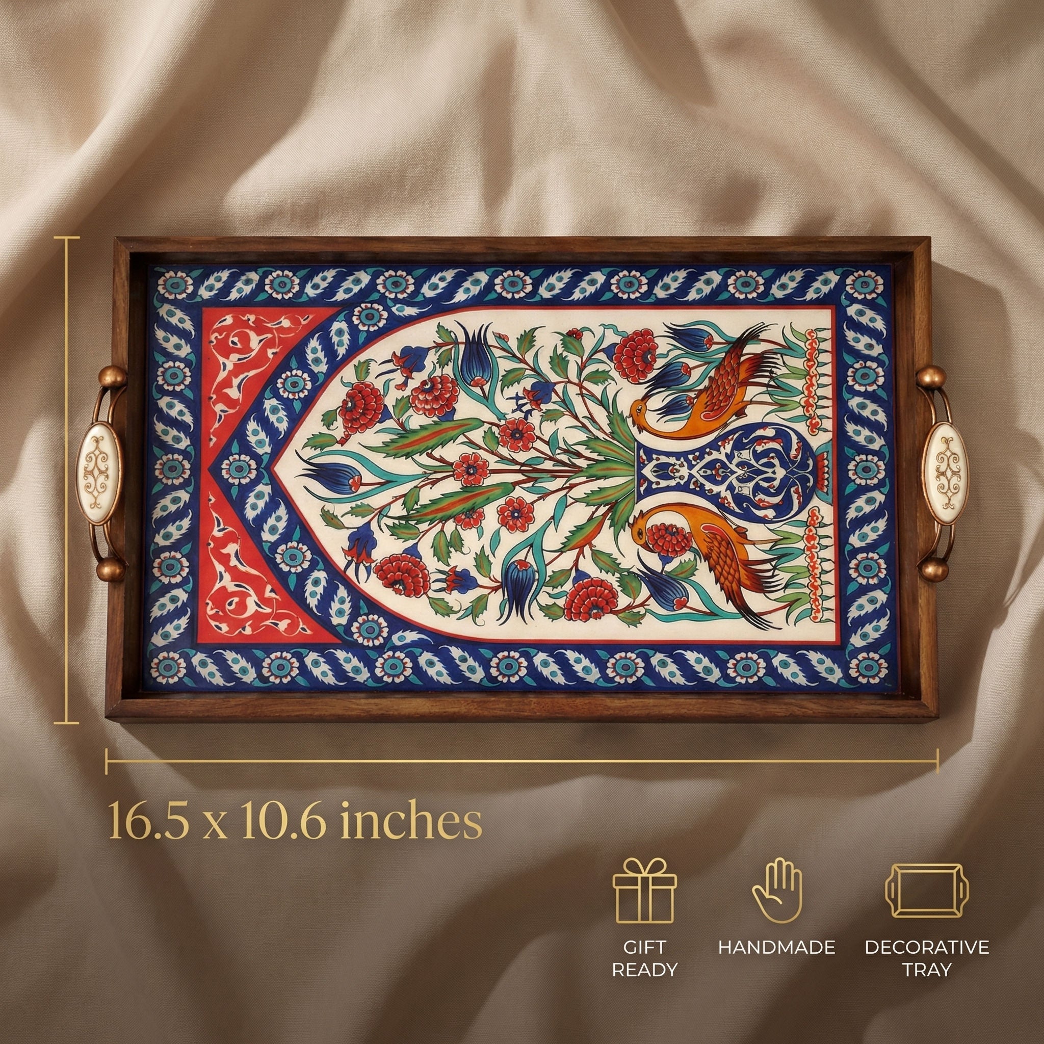 Handmade Wooden Serving Tray with Turkish Ceramic Tile Decor