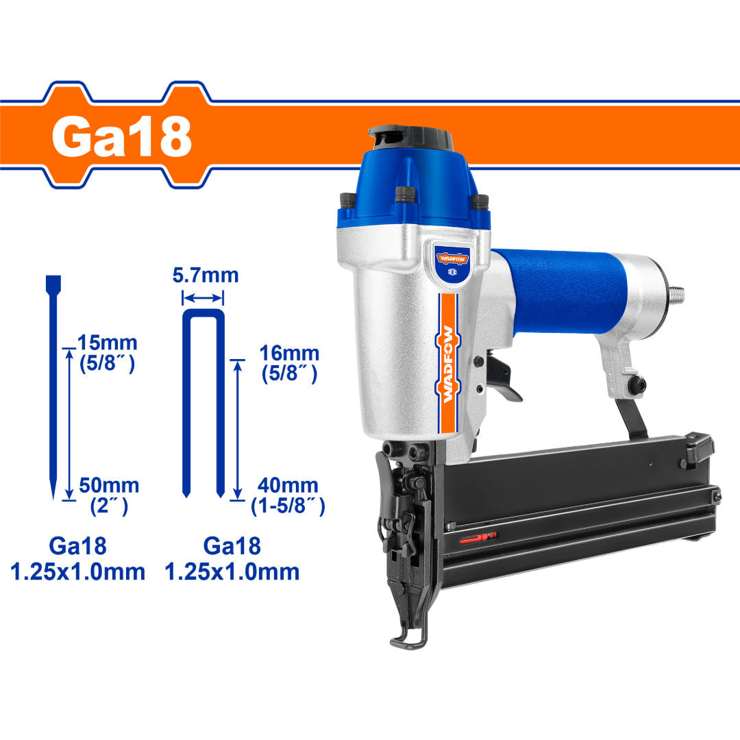 WADFOW 2-in-1 Combo Brad Nailer & Stapler - GA18, 15-50 mm Brads, 16-40 mm Staples, 100-Pc Load, Adjustable Depth, Safety System