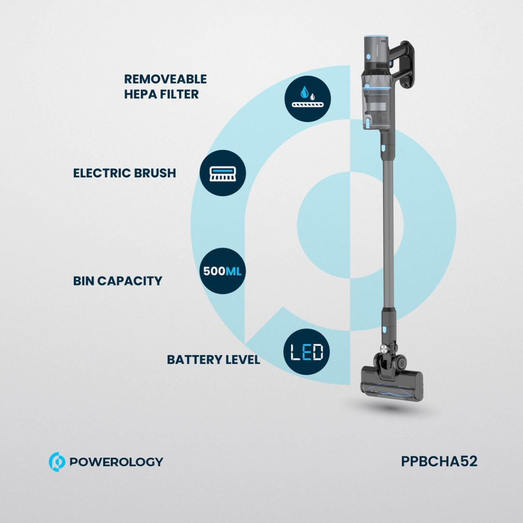 Powerology Cordless Stick Vacuum, 500mL Dust Bin, Black