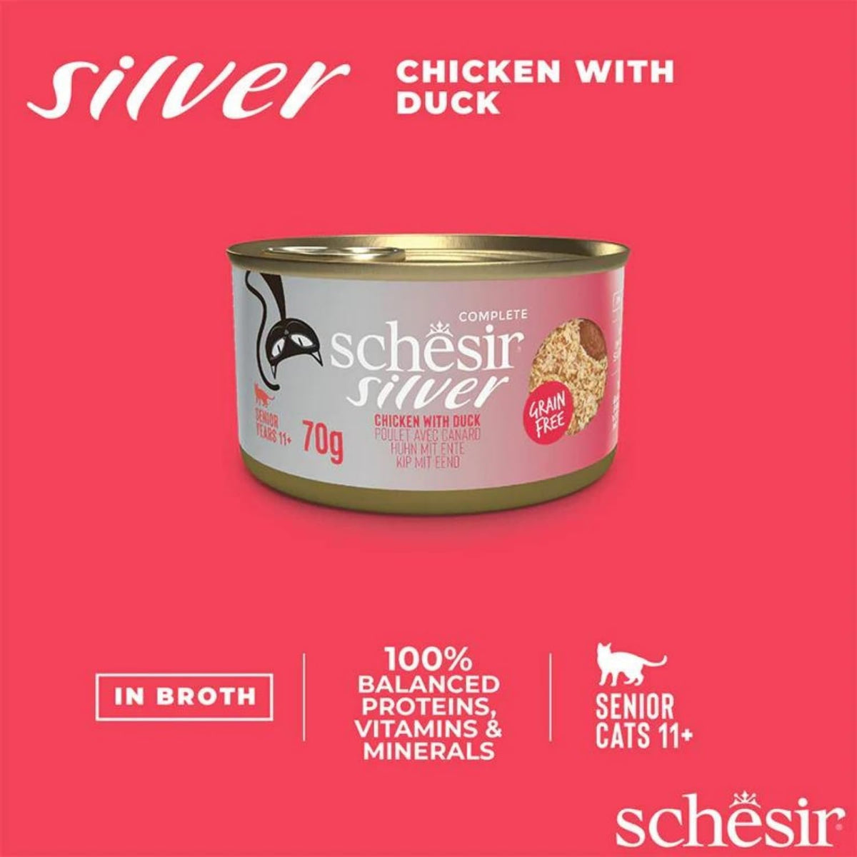 Schesir Silver Mousse & Fillets For Senior Cat Chicken with Duck Wet Food, 70gm