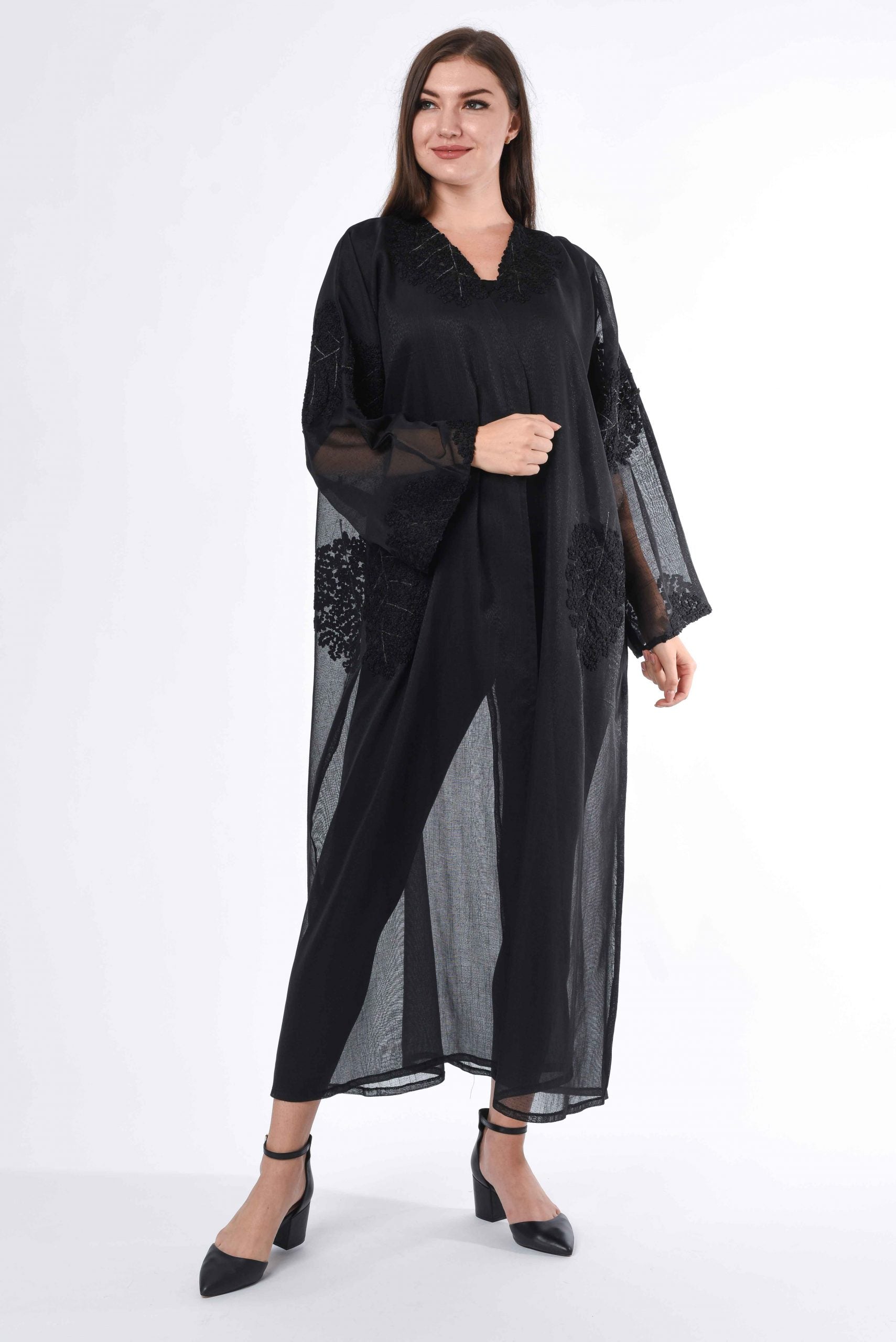 MOiSTREET Black see through Abaya with Hand Embroidery Detail