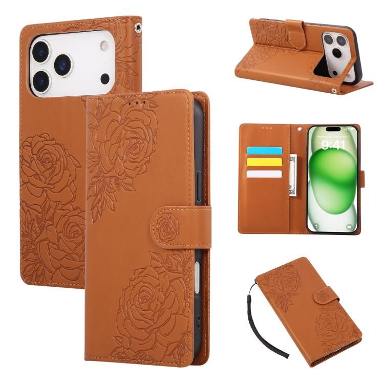 For iPhone 18 Pro Max / iPhone 17 Pro Max Rose Flower Embossed 3-Card Slots Leather Phone Case