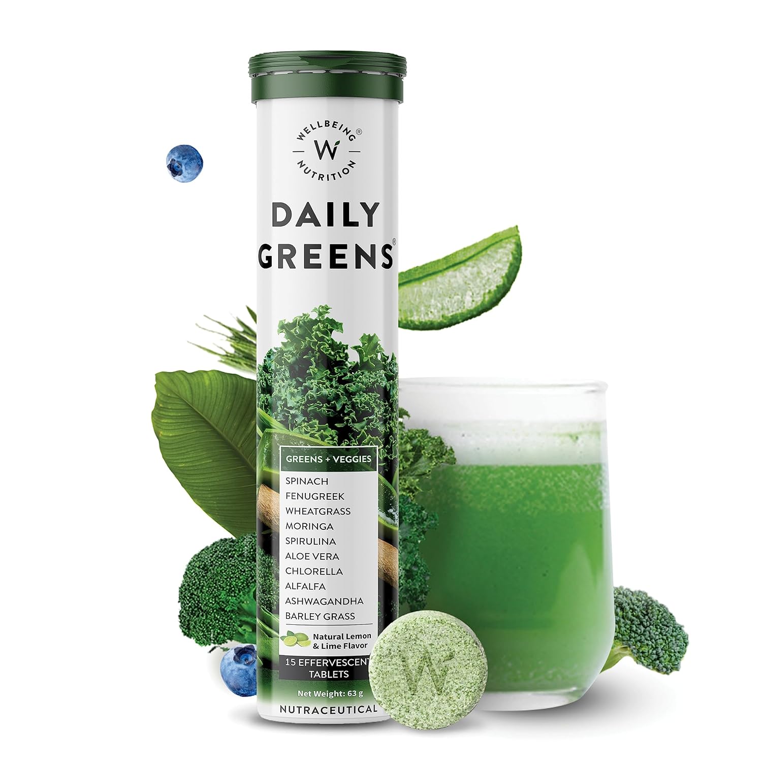 Wellbeing Nutrition Daily Greens, Wholefood Multivitamin & Skin Fuel | Collagen Builder, L-glutathione, Hyaluronic Acid, Matcha Green Tea, Aloe Vera, Grape Seed, Vit E (30 Effervescent Tablets)