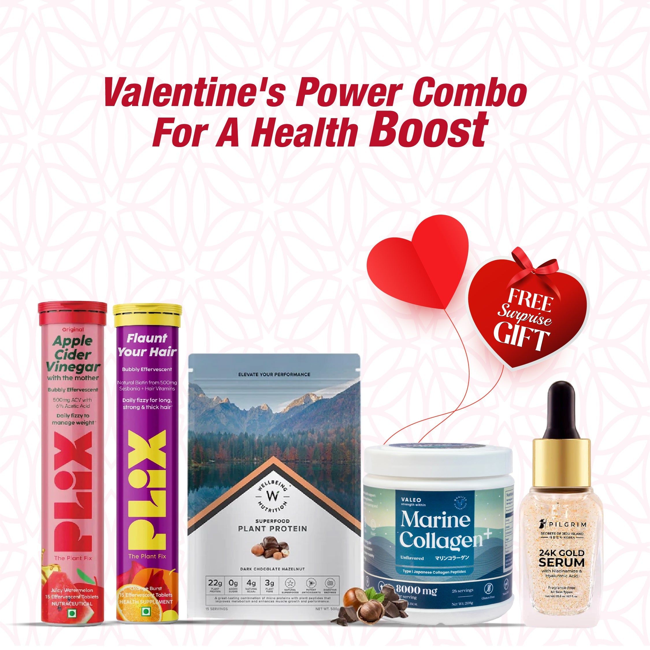 Valeo Collagen + Wellbeing Nutrition Superfood Plant Protein Dark Chocolate Hazelnut + Plix Apple Cider Vinegar Juicy watermelon Daily fizzy + PILGRIM 24K Gold Serum 20 Ml + Plix Flaunt your hair Orange Burst 15 Effervescent Tablets