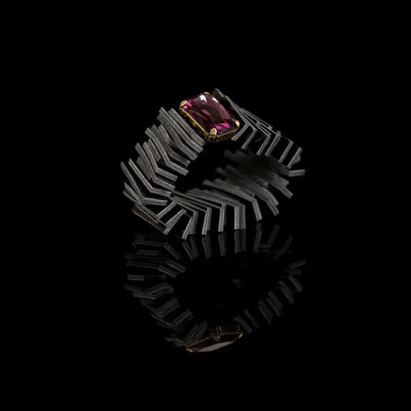 The Dark Black Geometric Leather Cuff Bracelet with Purple Crystal Handmade Statement Bracelet