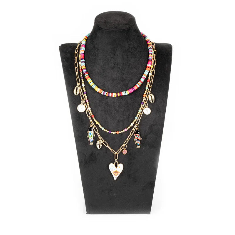 The Dark Colorful Layered Charm Necklace with Evil Eye Heart