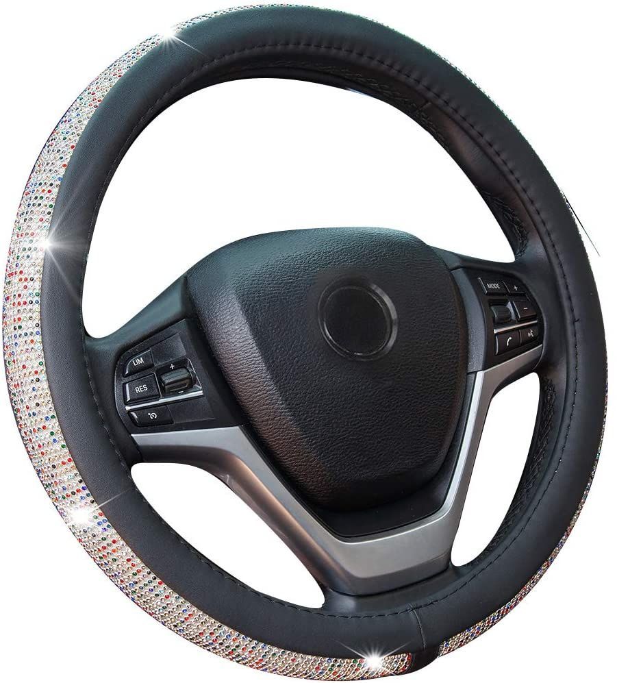 PU Leather Steering Wheel Cover Protector with Bling Crystal Rhinestones for 15 Inch