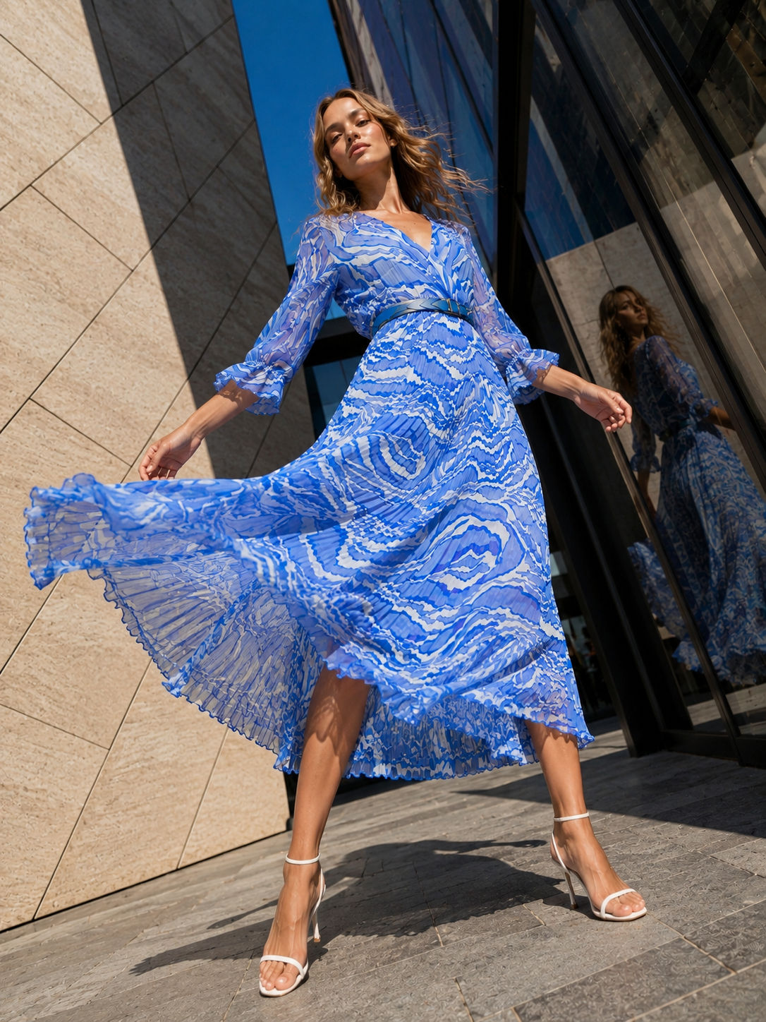 Tendresse Boutique Blue & White Pleated Dress
