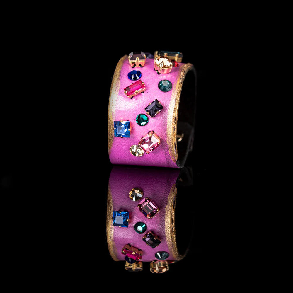 The Dark Pink Leather Crystal Cuff Bracelet with Multicolor Gemstones