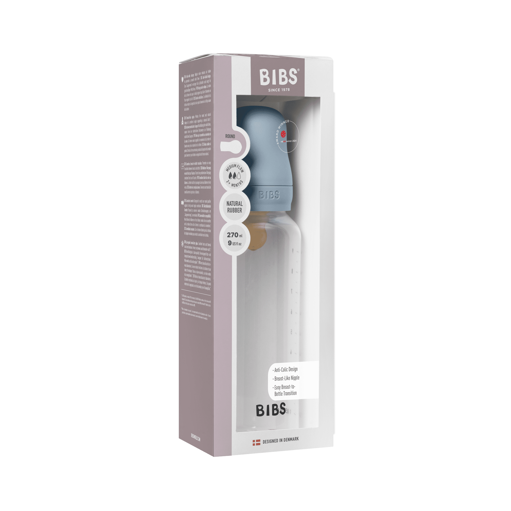 BIBS Baby Bottle with Round Latex Nipple – 270 ml Medium Flow | Baby Blue