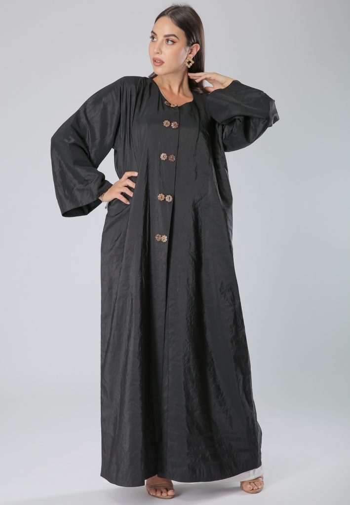 MOiSTREET Crepe Black Floral Buttoned Front Abaya