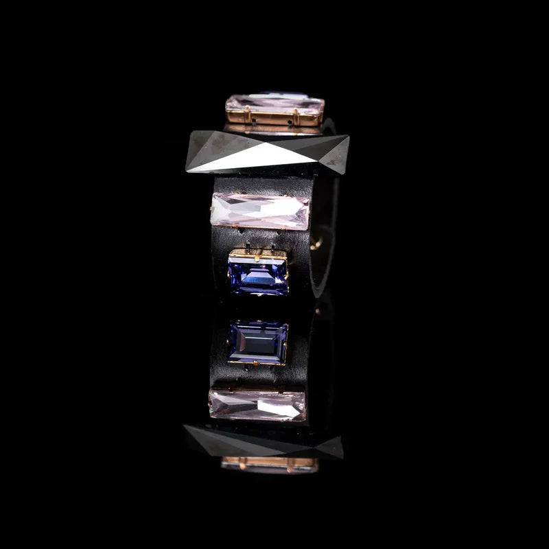 The Dark Black Leather Cuff with Blush & Sapphire Crystals