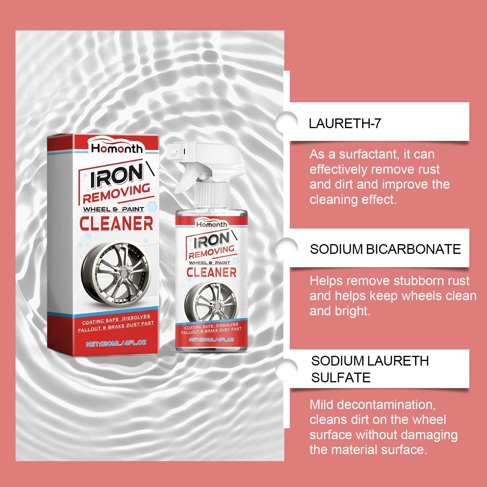Car Wheel Rust Removal Cleaner, Tire Rim Cleaning Decontamination Oil, Easy & Safe Automotive Wheel Care ,120ml+ sponge *1+ towel *1