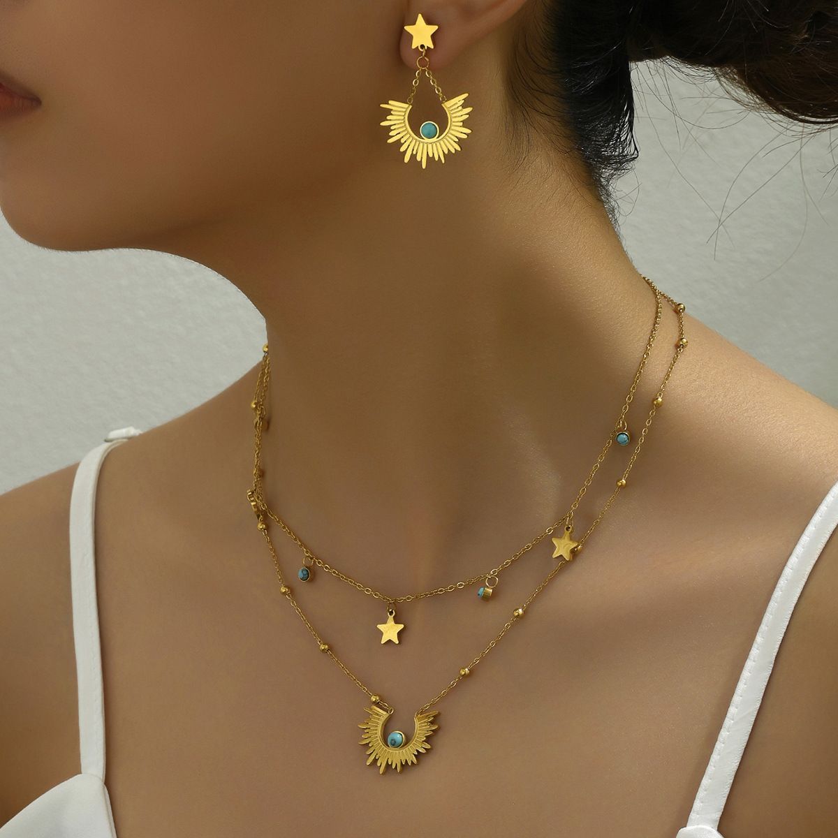 Star Moon Double Layer Necklace Earrings Set For Women