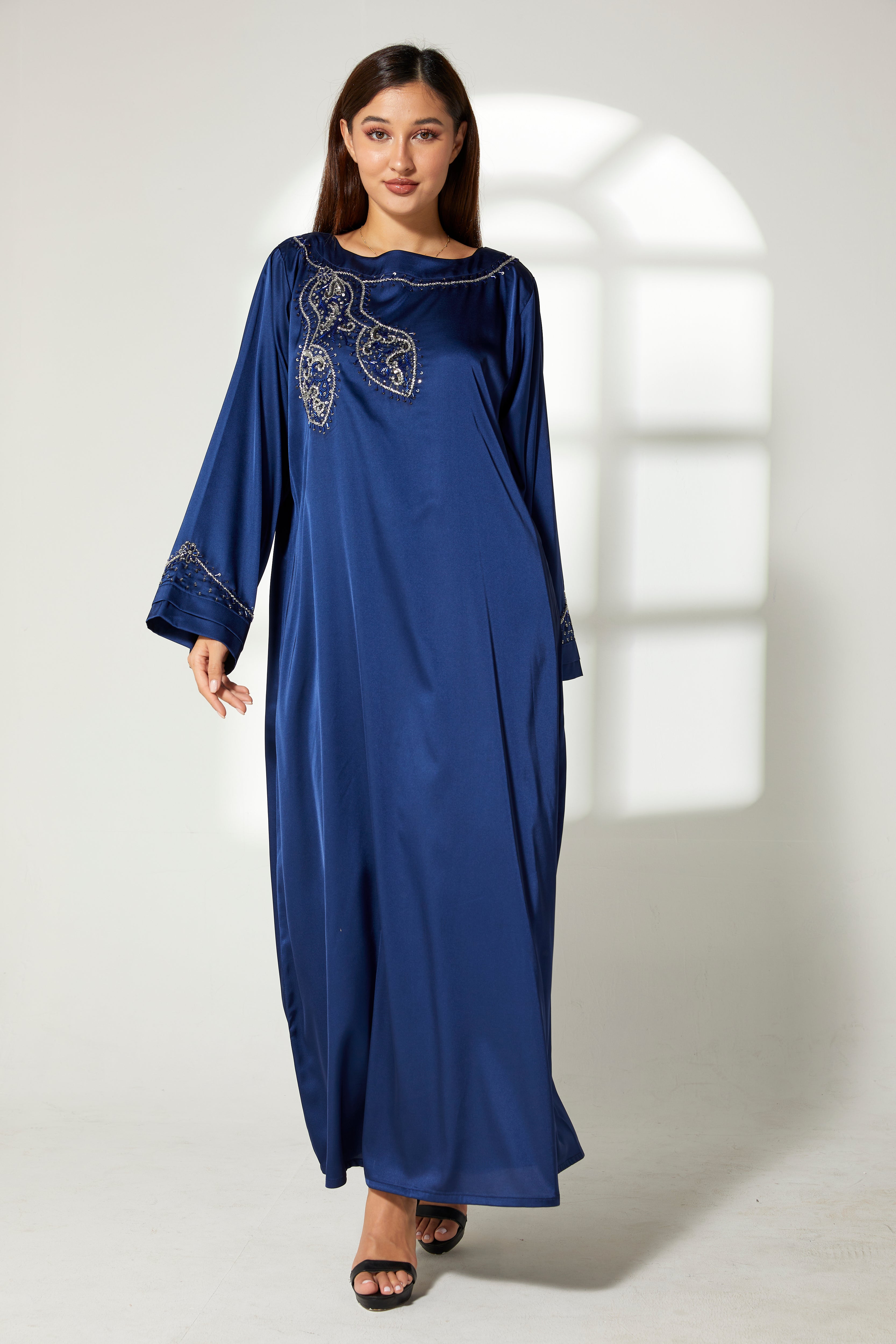 MOiSTREET Navy Silk Hand Embroidered  Kaftan