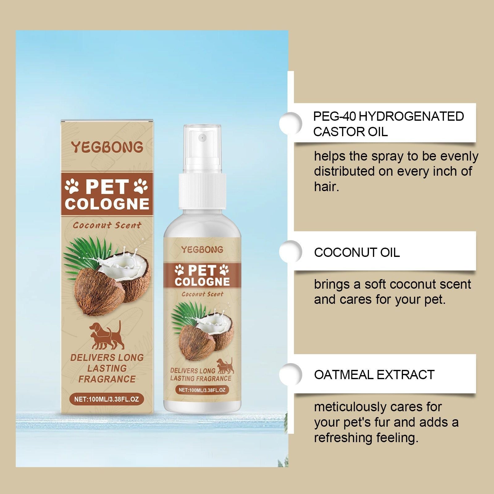 Coconut Fresh and Deodorizing Pet Spray, Natural Odor Eliminator for Cats and Dogs ,100ml