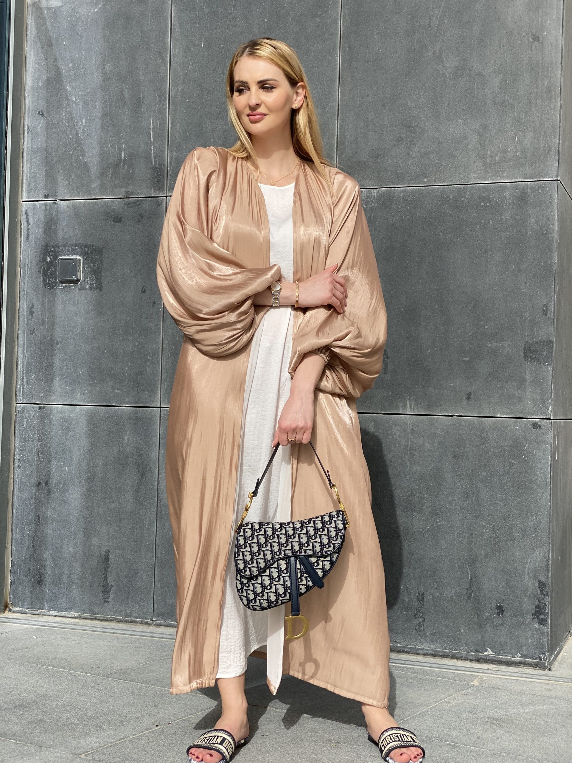 MOiSTREET Rotana Shimmer Beige Abaya Set with Under Dress & Sheila