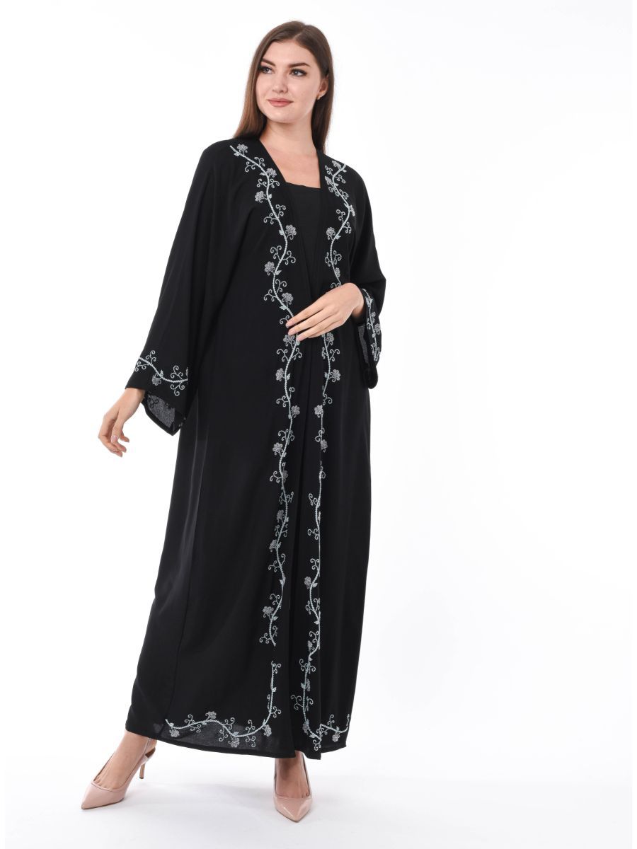 MOiSTREET Black Abaya with Floral Embroidery