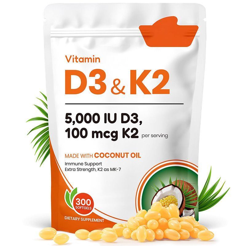 Vitamin D3 K2 Softgels with Coconut Oil, 5000 IU D3 + 100mcg MK-7 K2, Daily Dietary Supplement, 300 Mini Softgels