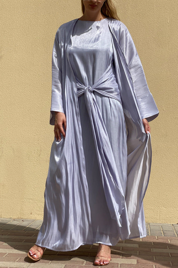 MOiSTREET Rotana Shimmer Lavender Grey Abaya Set Comes With 3 Piece